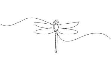 Dragonfly continuous one line art drawing of outline, Flying Dragonfly Silhouette Continuous One Line Drawing. Dragonfly Black Linear Isolated on White Background.