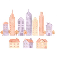 Pastel Watercolor Cityscape Illustration of Houses and Buildings