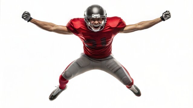 Jumping American football player, isolated on a white background, demonstrating sports emotions.