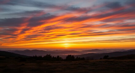 Fiery Sunset Over Mountain Range Panorama