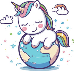 Cartoon Unicorn Sleeping On A Smiling Earth Surrounded By Stars And Rainbow