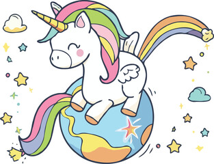 Cute Cartoon Unicorn Sitting On Earth With Rainbow Mane And Tail Illustration