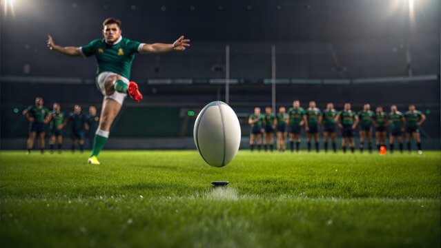 Rugby player kicking the ball to score during a game or training session on grass