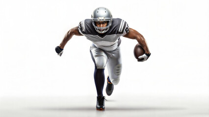 American football player isolated on a white background with space for text. Athlete in motion during a game.