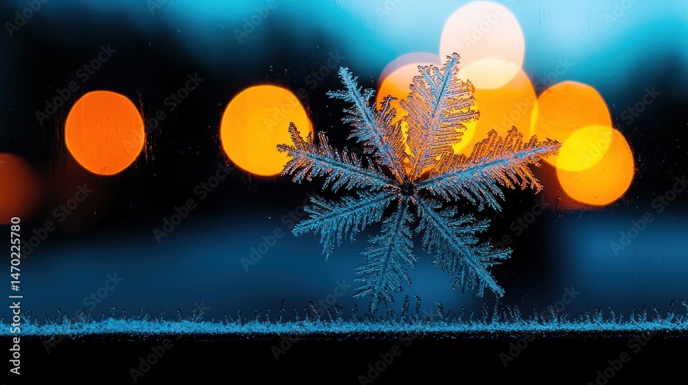 Poster a beautiful frosty snowflake displays against illuminated background lights