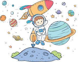 Boy Astronaut Landing On Planet With Space Rocket And Planets Cartoon Style