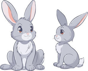 Two Cartoon Rabbits Gray Furry Animals Sitting Side By Side Illustration