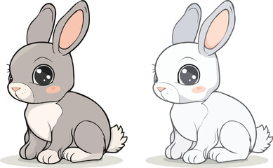 Two Cute Cartoon Rabbits Illustration Gray And White Bunny With Big Eyes
