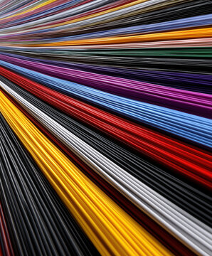 Colorful wires arranged in parallel lines showcase vibrant patterns and textures