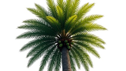 Date Palm Tree with Green Fruits and Lush Fronds, Isolated
