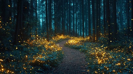Obraz premium Enchanting forest path illuminated by fireflies. Lush greenery, mystical ambiance, and a winding trail through the woods at night