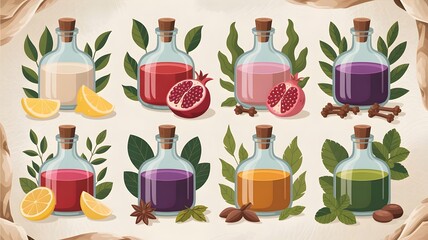 Herbal and Citrus Potion Bottles Collection – Flat Style Illustration