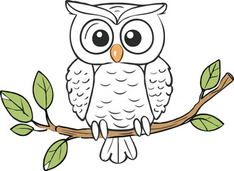 Cute Cartoon Owl Perched On A Branch With Green Leaves Vector Illustration