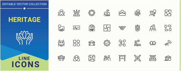 Heritage icon set. It contains symbols to theatre, entertainment, art, cinema, painting, historical and more. Culture icon pack. UI icons set in a thin style. Editable vector illustration.