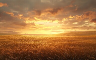 Obraz premium Field of tall grass with a bright orange sun in the sky. The sky is cloudy and the sun is setting