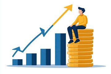 Person sits on a stack of coins, with a growing graph