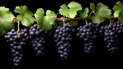 Clusters of ripe purple grapes with vibrant green leaves on the vine