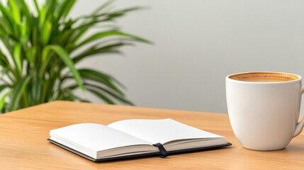 Home Office Setup for Entrepreneurs Concept, Bright Home Office Setup with Wooden Desk, Cup of Coffee, and Open Notebook for Creative Productivity