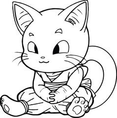 Outline Illustration Of A Cute Manga Cat Character Wearing Japanese Clothing