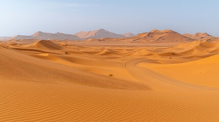 Vast desert landscape, rolling dunes, distant mountains