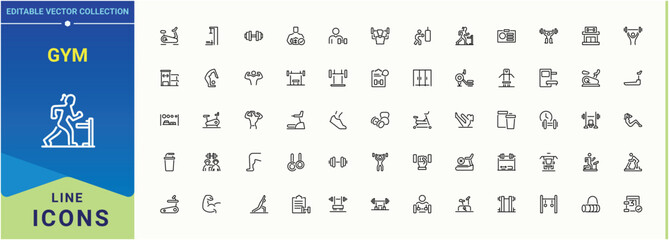 Gym icon. Modern icons collection. Editable stroke. Vector collection. Fitness icon set in linear style. Pack of health, equipment, activity, exercise, fit, sport and more.
