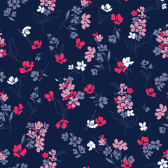 Seamless Hand-Drawn Floral Pattern with Neutral Black, Gold, and Gray Flowers on blue Background
