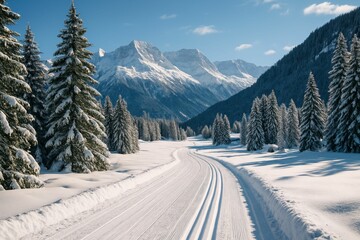 Alps scenery featuring a cross-country skiing track in a winter wonderland setting