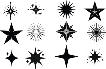 Collection of different vector sparkling stars icon, decorative twinkle and bursts forms, abstract shining flash symbols, glowing light effect.