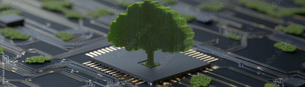 Poster A green tree sits atop a computer microchip circuit board