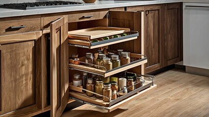 Kitchen storage solution. Pull out kitchen accessory for spice, bottles, kitchen spoons and even cutting boards.