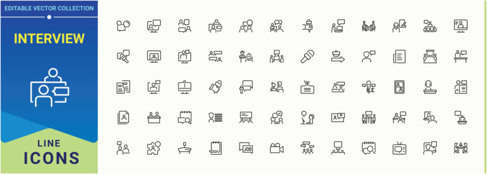 Interview line icon set. Minimal icons set. Related to resource, resume, presentation, recruit, job. Editable stroke. Vector collection. Recruitment icon set.