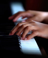 Obraz premium Hands skillfully playing piano keys in a cozy indoor setting during the afternoon