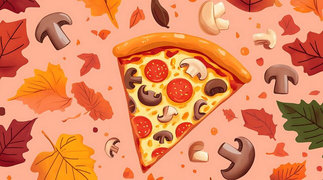 Autumn Pizza Slice with Fall Leaves. - Powered by Adobe
