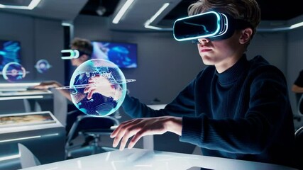 Immersive virtual reality experience in futuristic classroom with interactive holographic globe - Powered by Adobe