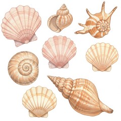 Seashell Collection: Watercolor Illustration of Various Seashells