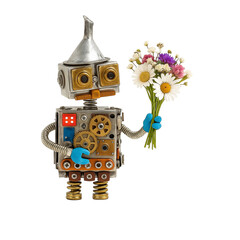 Naklejka premium Retro robot with tin hat holding a colorful bouquet of flowers. A cute mechanical character expressing love, gratitude, or celebration. Perfect for AI-themed greetings and emotional tech visuals.