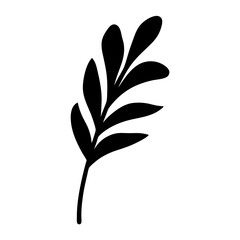Minimalist botanical illustration of a leafy branch in black silhouette on white