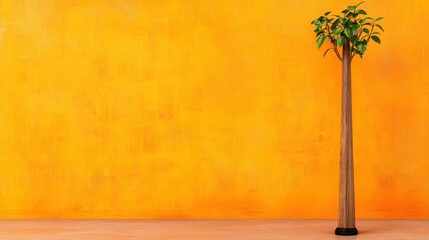 Obraz premium Green Plant Against Vibrant Orange Textured Wall Minimalist Interior