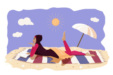 Cute young woman in Muslim swimsuit lies on the sandy beach with a book. Vector illustration.