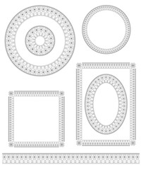 Decorative elements, borders and lines in ethnic style. Black and white vector illustration.