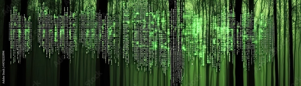 Poster Digital binary code overlayed on a blurred forest background of trees