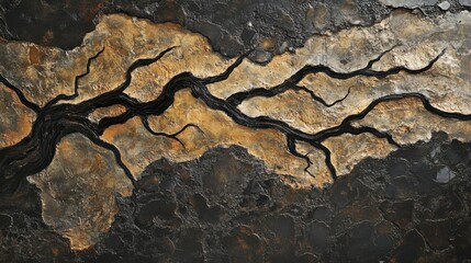 Abstract Black and Bronze Textured Surface Resembling Tree Root Patterns or Lightning Strikes