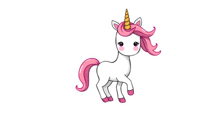 Cute little pink  magical unicorn. Vector design on white background. Print for t-shirt. Romantic hand drawing illustration for children.