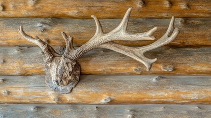 Fototapeta premium Antlered deer head mounted on log cabin wall