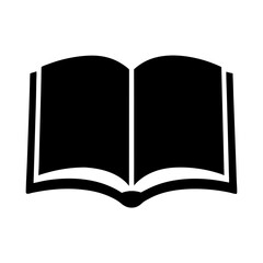 A black and white silhouette of an open book against white background