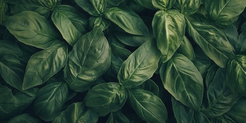 Dark Toned Basil Leaf Background with Lush Green Texture and Rich Herbal Surface Arrangement
