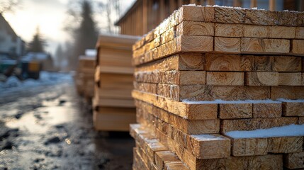 Stacked wooden planks at construction site with soft evening light