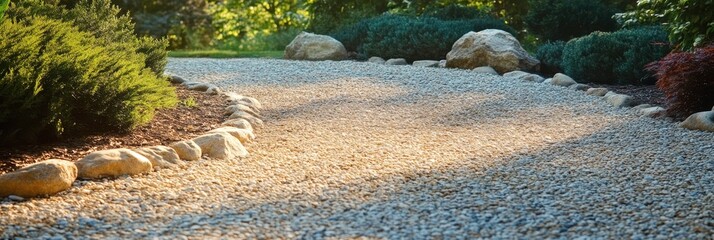 Curved Gravel Path Through Lush Garden with Natural Landscaping and Decorative Stone Border