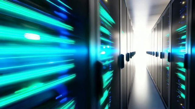 Brightly lit aisle between rows of dark server racks with blinking lights, representing data flow, suitable for technology presentations or server room tours