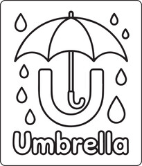 Alphabet letter U with umbrella black line art vector illustration for children ABC coloring book